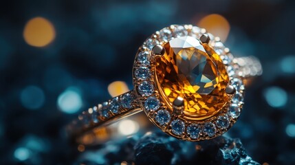 Intricate blue gemstone ring with sparkling accents showcased in elegant lighting