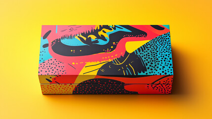 Vibrant Shoebox Design: Abstract art shoebox with bold colors and graphic design elements. Perfect for showcasing unique packaging and branding concepts.