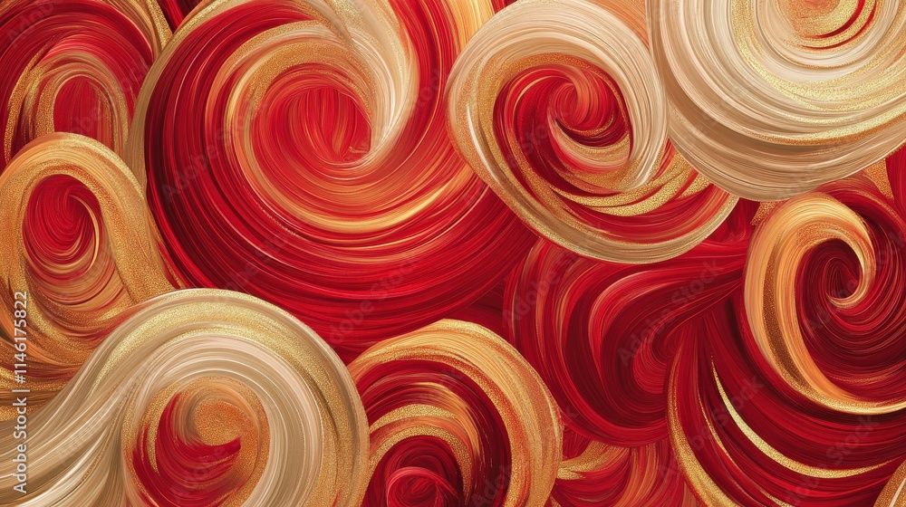 Poster vibrant swirling patterns of red and gold hues in an abstract composition, capturing the dynamic mov