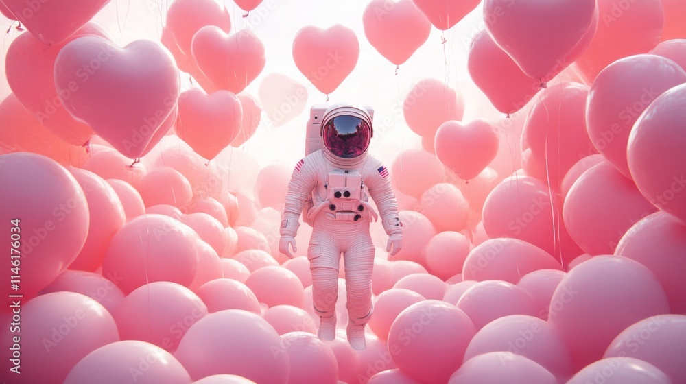 Poster An astronaut explores a whimsical environment filled with soft pink balloons in the shape of hearts. The scene captivates with its dreamlike quality, evoking feelings of joy and wonder.