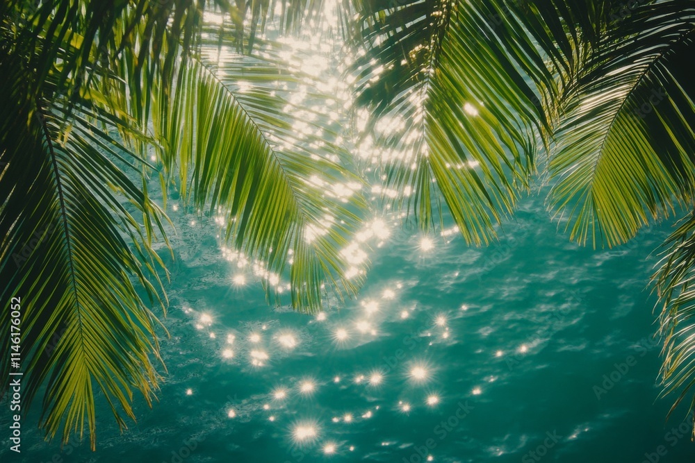 Poster a mesmerizing view of sunlight sparkling through palm fronds into the water, capturing the shimmerin