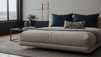 Beige Platform Bed with Teal Pillows and Patterned Throw Pillow in Modern Bedroom
