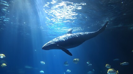 Naklejka premium A friendly whale swimming in the ocean, surrounded by fish
