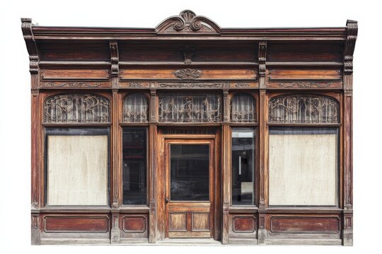 This beautifully preserved vintage storefront features intricate wooden carvings and glass panels, representing a classic example of traditional architectural elegance.