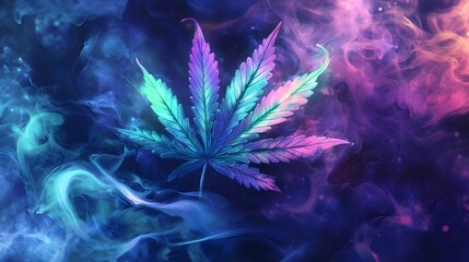 Obraz premium A colorful cannabis leaf in the style of blacklight paint, with smoke swirling
