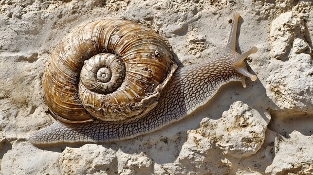 A little snail with a big shell, traveling slowly on the ground