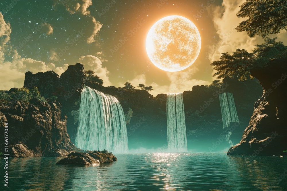 Poster A breathtaking view featuring multiple cascading waterfalls illuminated by a large, glowing moon amid a starry night, creating a serene and enchanting atmosphere.