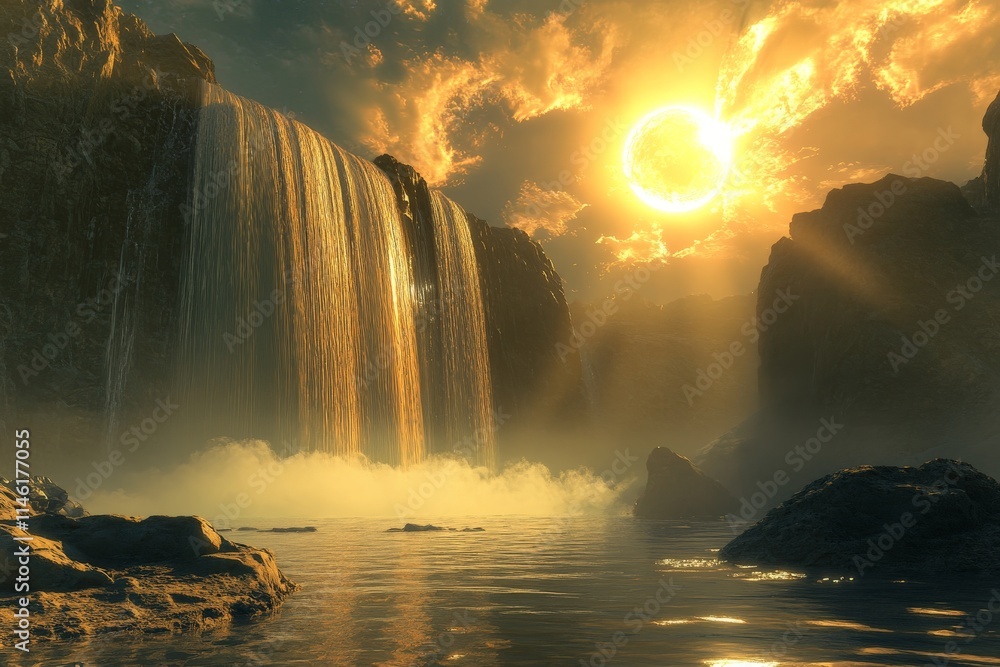 Aufkleber the radiant waterfall seems to glow with a golden hue as it flows over jagged cliffs under a vibrant