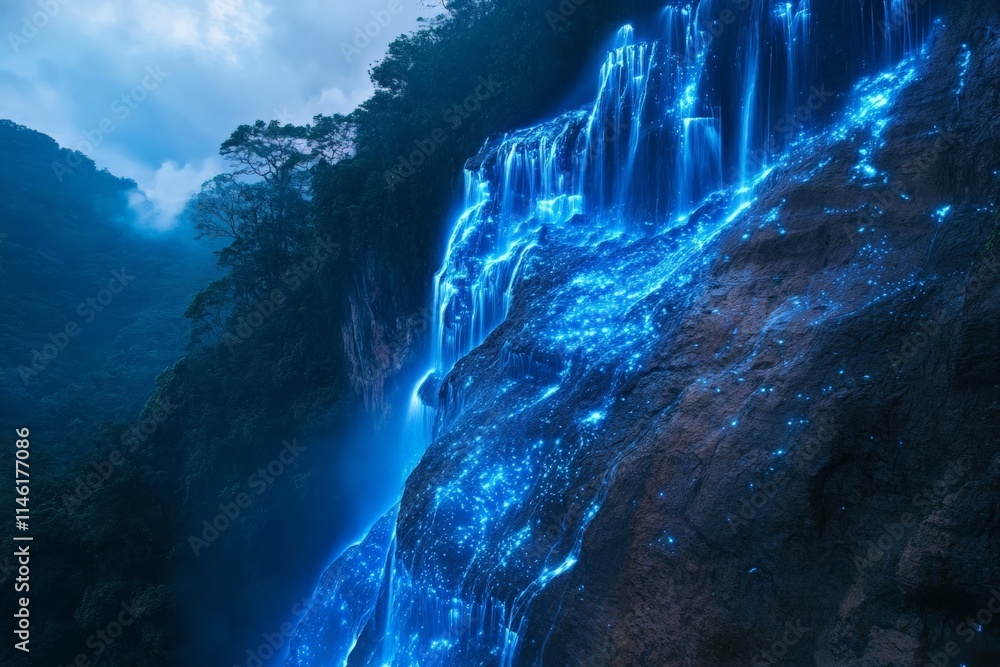 Aufkleber A mesmerizing view of a waterfall glowing blue, surrounded by lush foliage and mist, creating a mystical and ethereal ambiance in a captivating natural setting.