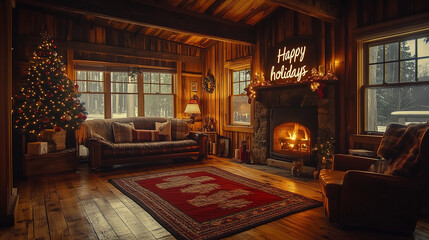 Cozy Winter Room with Fireplace and "Happy Holidays" Message