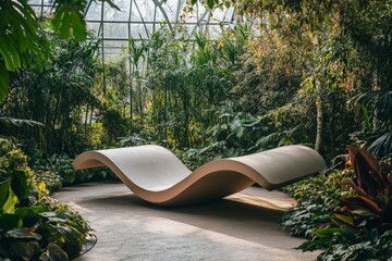 A gracefully curved sculpture resides in a lush greenhouse, harmoniously blending modern art with vibrant nature, creating an oasis of tranquility and inspiration.