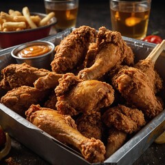 A fried chicken bucket with several drumsticks and thighs.

