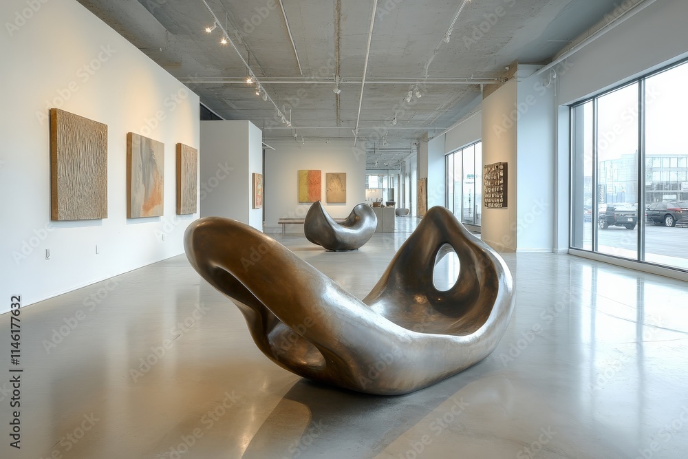 Poster an open, spacious gallery featuring smooth bronze abstract sculptures that showcase elegance and mod