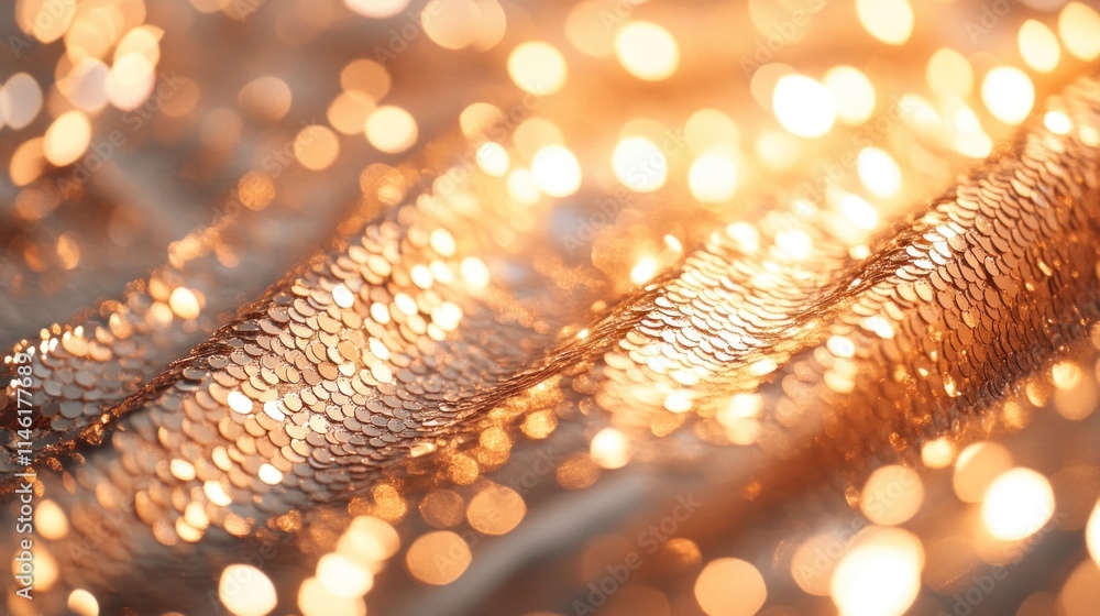 Poster golden sequins fabric glittering in warm light creating stunning bokeh effect