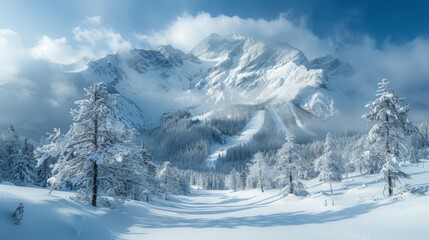 mountain range covered in snow under a cloudy sky