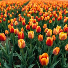 Obraz premium High angle perspective seamless color blending smooth gradient transition of tulips in nature elevated viewpoint displaying a lush field of tulips with a soft focus