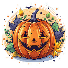 Adorable Halloween Jack-o'-lantern design with autumnal elements