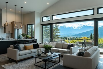 A spacious open-concept kitchen and living area with modern design, elegant furnishings, and large windows showcasing a breathtaking mountain landscape.