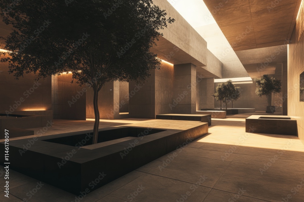 Leinwandbilder sleek modern architecture bathed in warm sunlight, featuring indoor trees in a spacious atrium, blen