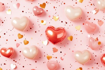 Valentine pattern of  3D puffed red and white hearts with gold confetti 