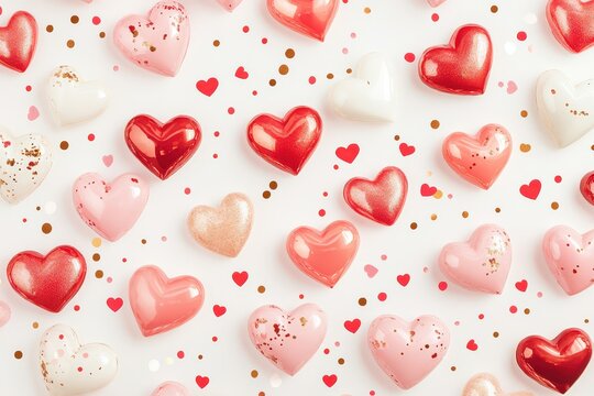 Valentine pattern of  3D puffed red and white hearts with red and gold confetti 