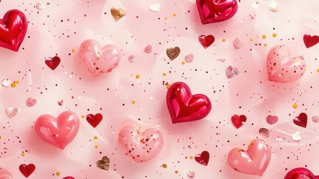 Valentine pattern of  3D puffed red and pink hearts with red and gold confetti 