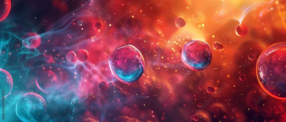 Poster abstract vector fluid particle flow with bubbles, futuristic nano medical technology and microbiolog
