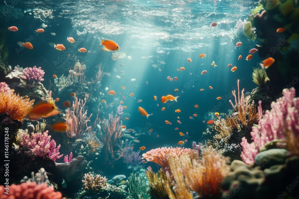 Poster a stunning image of a sunlit coral reef environment featuring rich arrays of corals and lively, colo