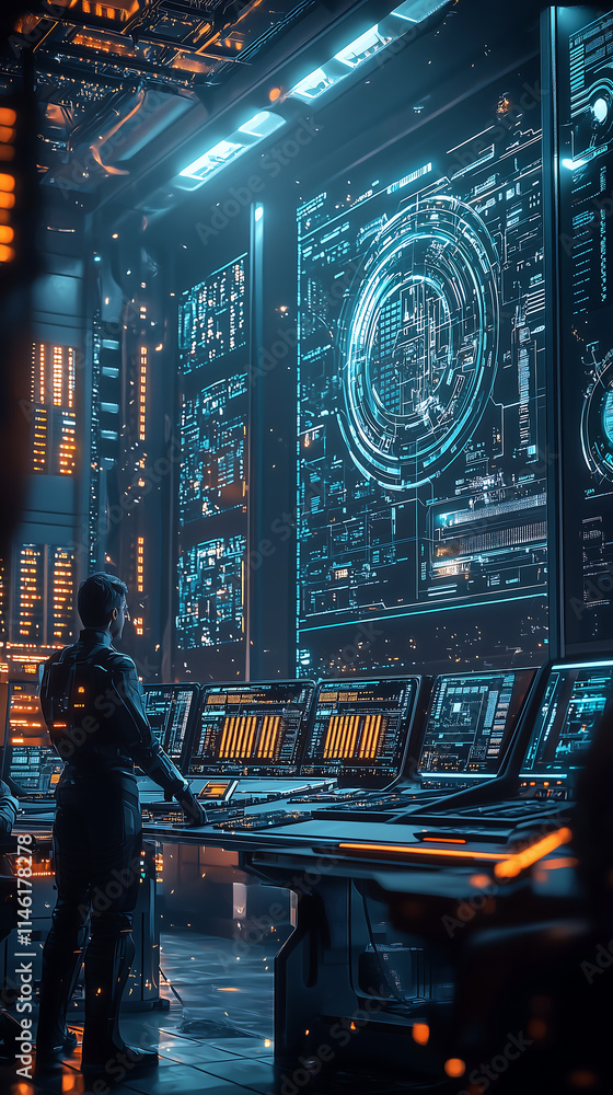 Poster futuristic control room with advanced dashboard interface