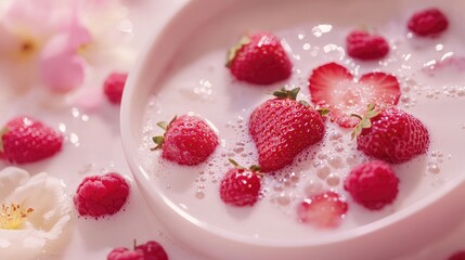 Milk dessert with strawberries. Selective focus.