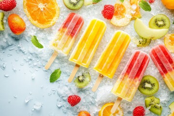 Vibrant popsicles in various colors rest on crushed ice, surrounded by fresh fruits including oranges, strawberries, and kiwi, creating a refreshingly cool scene.