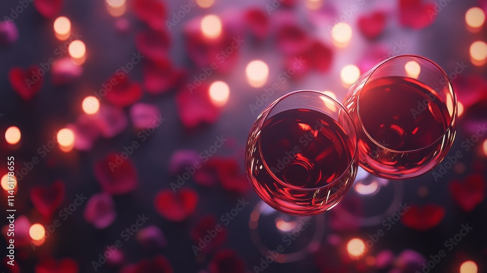 Poster two elegant glasses of red wine are raised in a romantic setting, surrounded by rose petals and cand