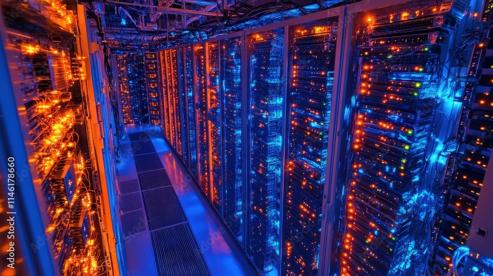 Aufkleber illuminated server racks in a modern data center