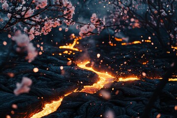 Beautiful composition of orange molten lava coursing through dark terrain, skillfully framed by light cherry blossom branches, depicting nature’s duality in one frame.