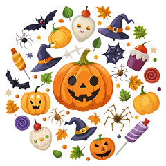 Naklejka premium Adorable Halloween Jack-o'-lantern design with autumnal elements