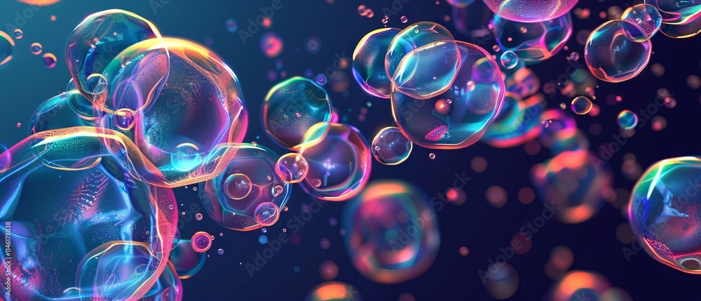 Poster abstract vector fluid particle flow with bubbles, futuristic nano medical technology and microbiolog