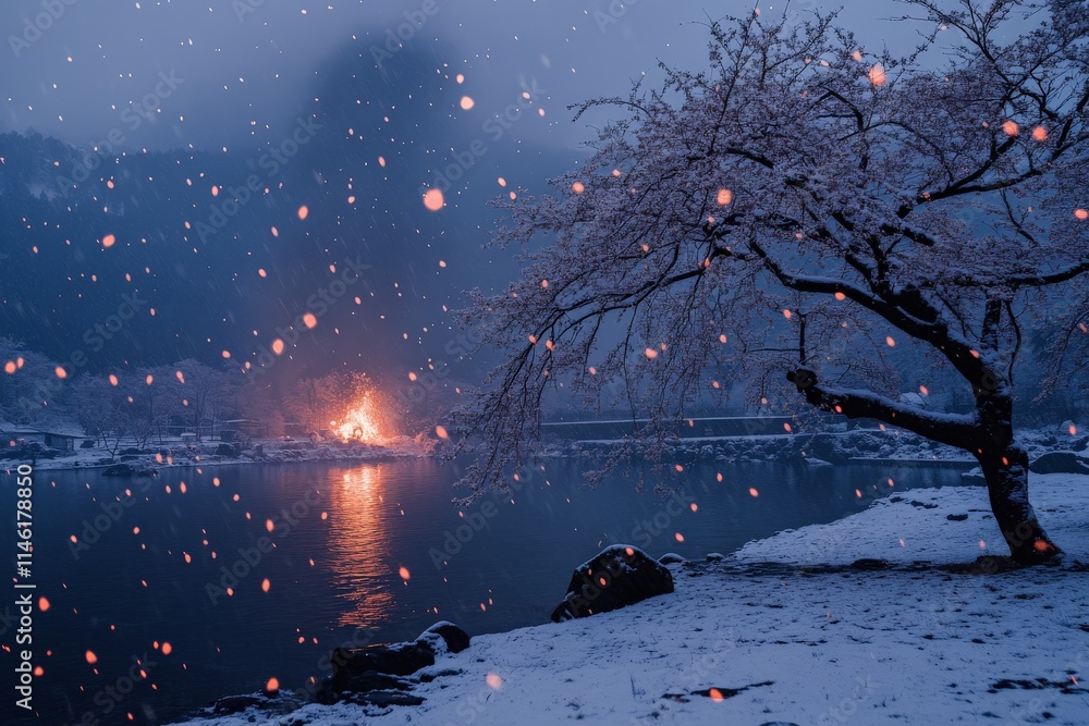 Poster in a snowy landscape, distant warmth from a faraway fire reflects on the calm waters, creating a tra