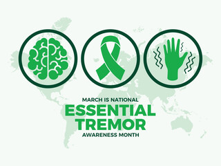 March is National Essential Tremor Awareness Month poster vector illustration. Green awareness ribbon, hand shaking, brain icon set. Template for background, banner, card. Important day