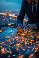 Strategist Examining a City s Glowing Network, Urban Development and Technology Concept.