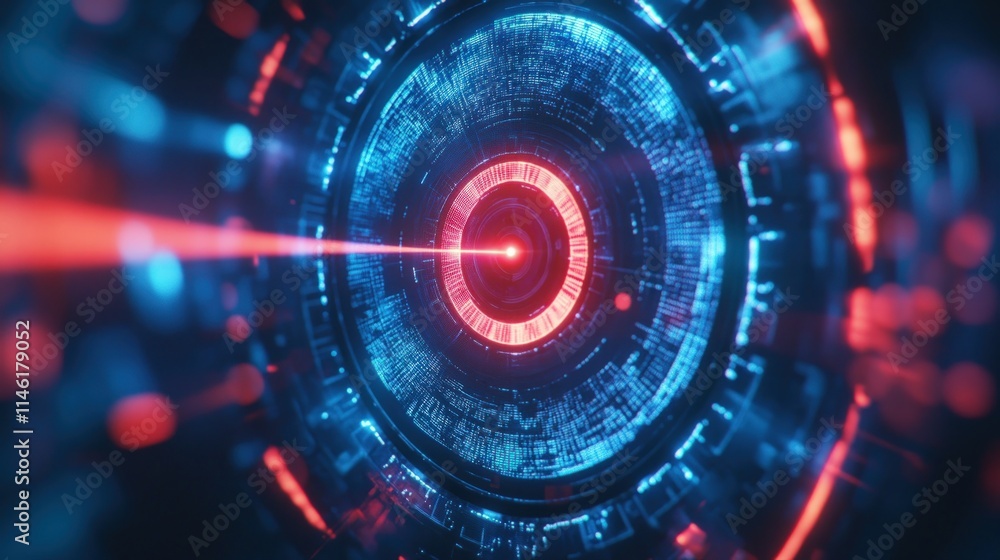 Poster abstract futuristic technology interface with red laser beam targeting central core.