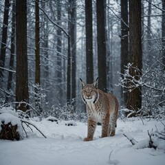 Obraz premium A lynx walking silently through a snow-draped forest in the early morning.