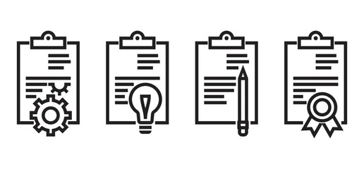 Users manual or agreement icons - with gear, lightbulb, pencil or seal. in bold line