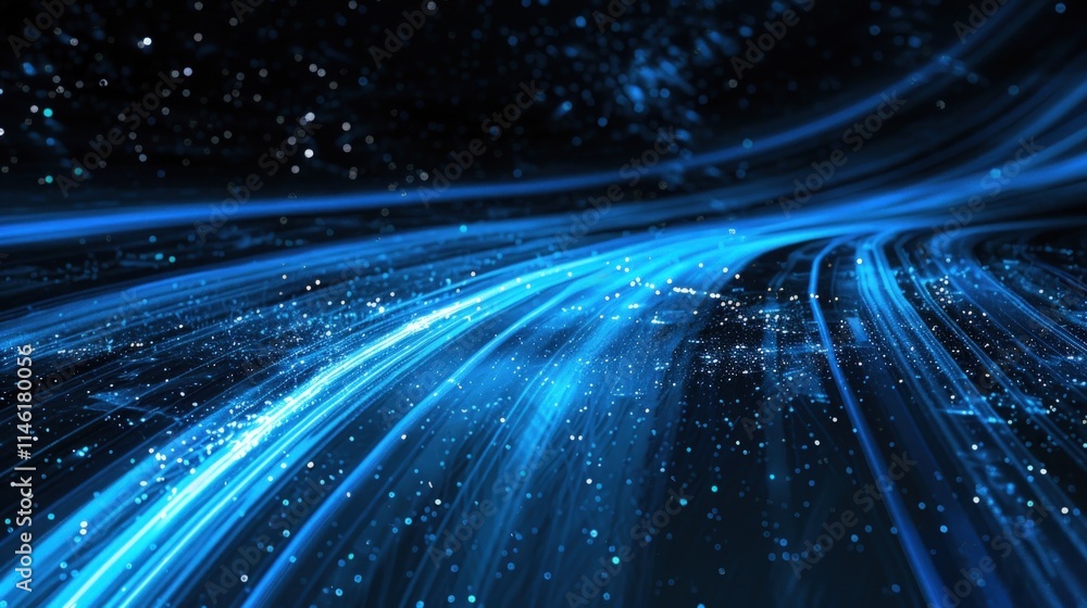 Poster abstract glowing blue lines forming a curved path, resembling a digital highway or network connectio