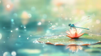Obraz premium A cute dragonfly resting on a lily pad, with a gentle breeze blowing