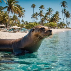 Obraz premium A sea lion basking on a sunny beach surrounded by turquoise water and palm trees.