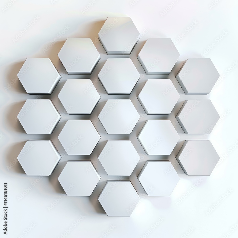 Poster three dimensional rendering of white hexagonal shapes forming a honeycomb pattern on a white backgro