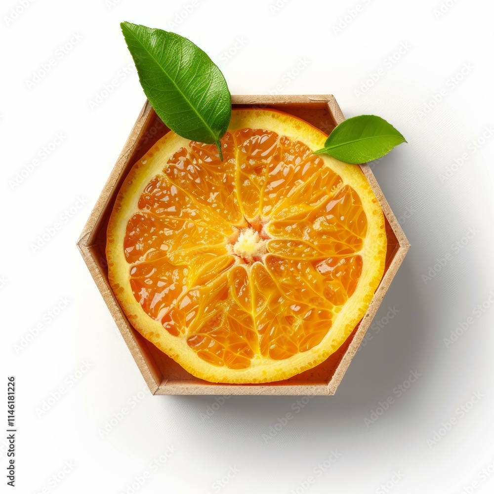 Poster fresh orange slice in hexagonal cardboard box on white background