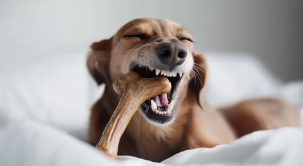 Golden retriever happily chewing on a bone on a bed in a cozy room during the afternoon. A happy dog is lying on the bed and chews its toy bone, with a white background, warm colors