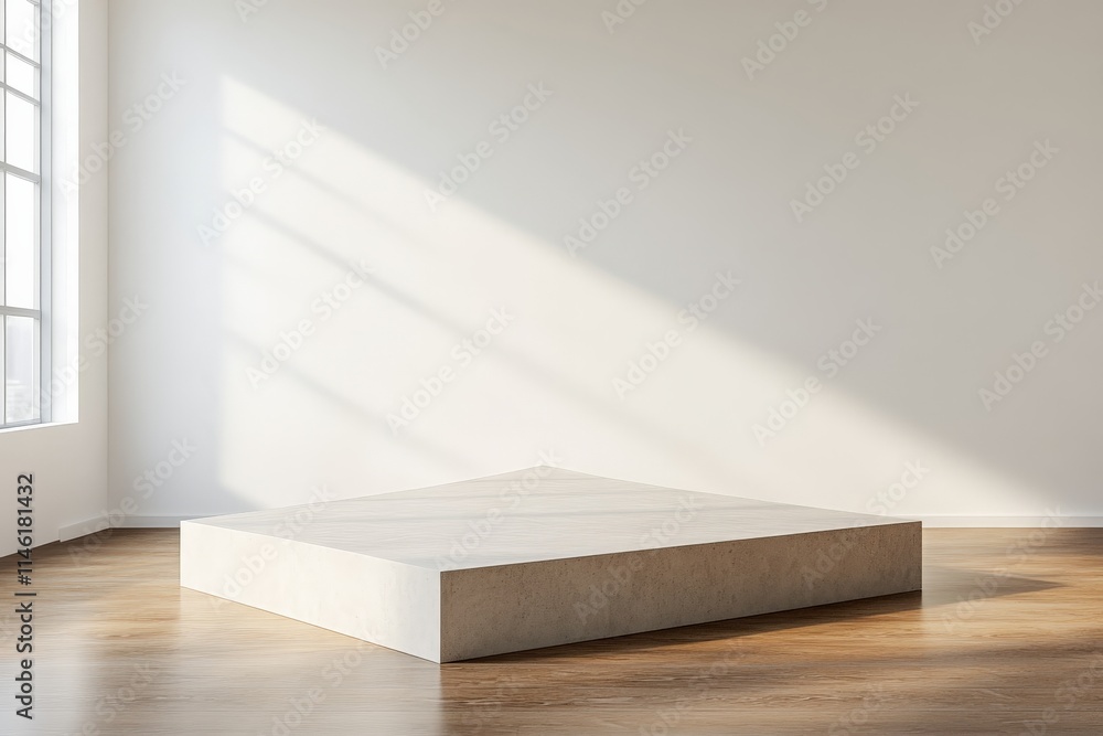 Poster a minimalist room features a sunlit pedestal and wooden flooring surrounded by plain walls, casting 