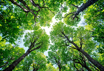 Fototapeta premium Mangrove trees from an upward angle, eco-friendly carbon absorption, fighting climate change, sustainability in practice